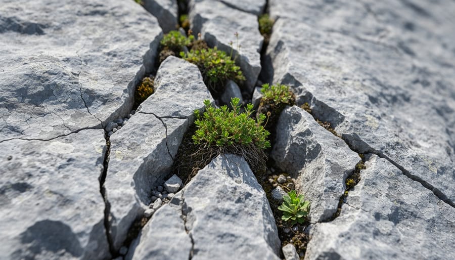 Close-up of small plants growing in a limestone pavement crevice
