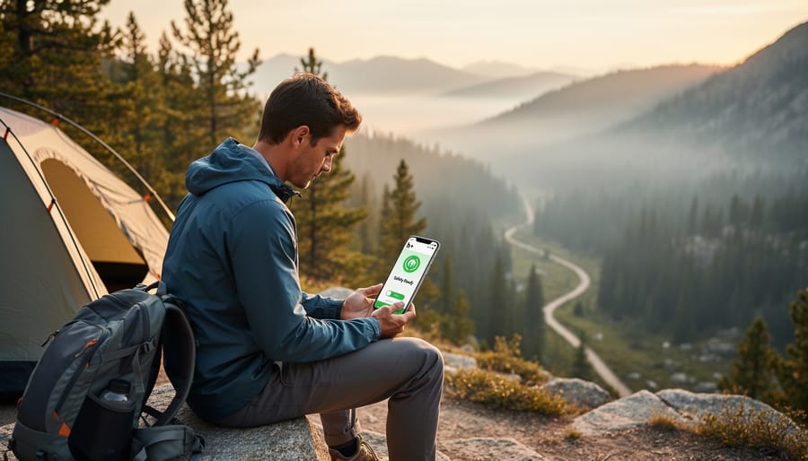 Person relaxing at a backcountry tent near a forest treeline with phone in hand and misty northern landscape behind.