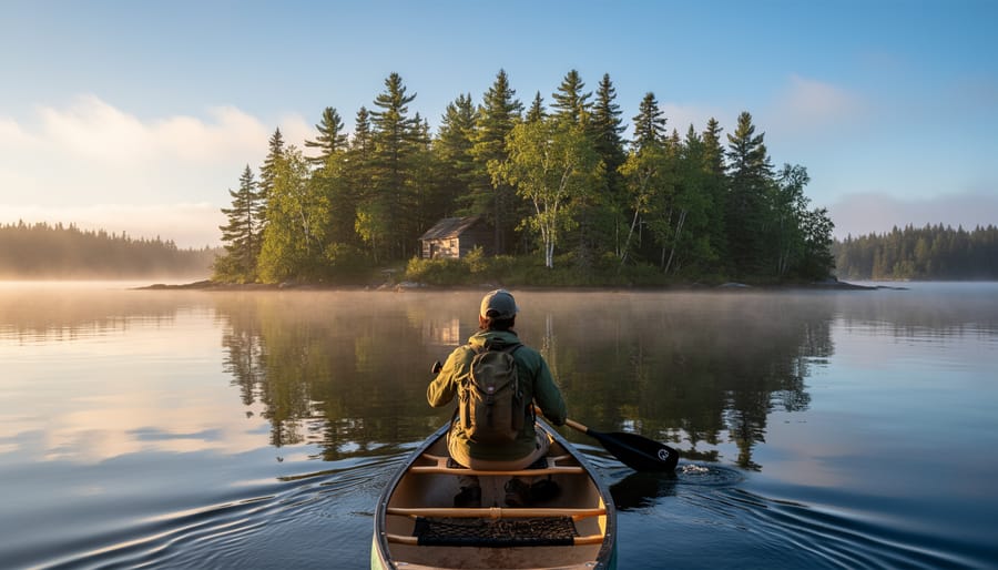 Canoe on calm Georgian Bay water approaching a remote forested island for backcountry camping.