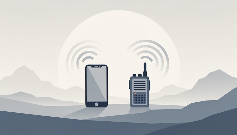 Smartphone and radio resting on rocks near a river in an outdoor campsite setting