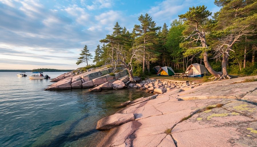 Campers and a tent near the rocky shoreline on Beausoleil Island in Georgian Bay.