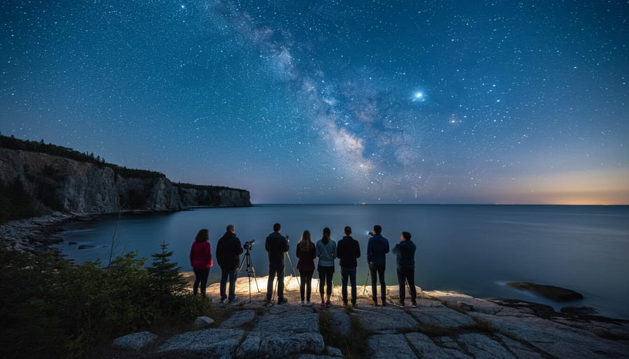 Ranger-led stargazing group at Bruce Peninsula National Park looking up at the night sky.