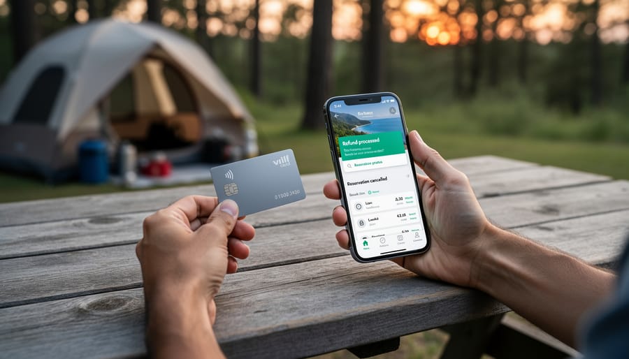 Person holding a smartphone and credit card at a table with an Ontario-style camping brochure, representing electronic payments for refunds.