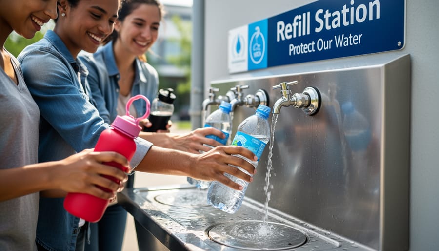 A park staff member filling reusable water bottles at an outdoor campground tap in an Ontario park.