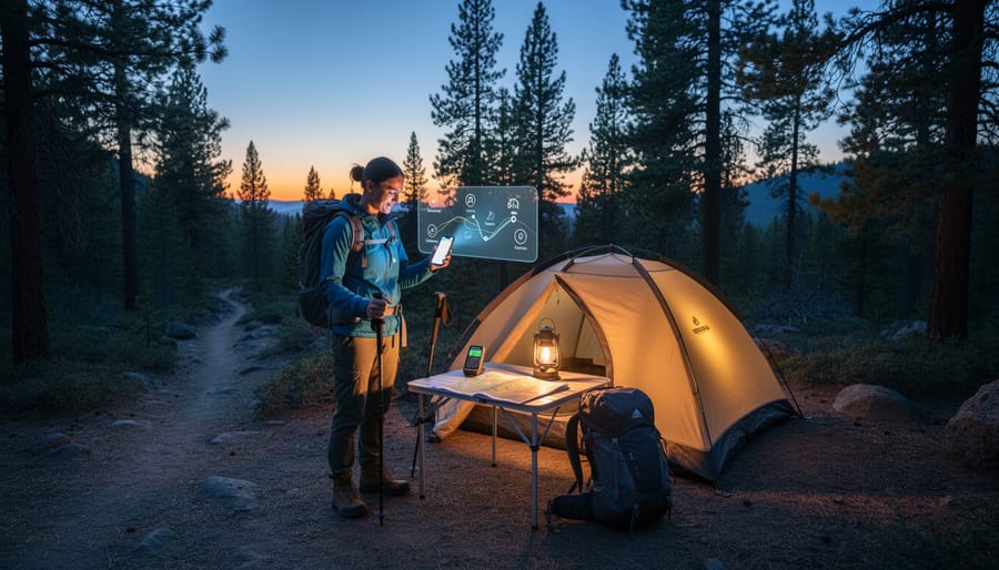 Campers at an Ontario campsite at dusk using hands-free voice navigation near tents and forest trail landmarks