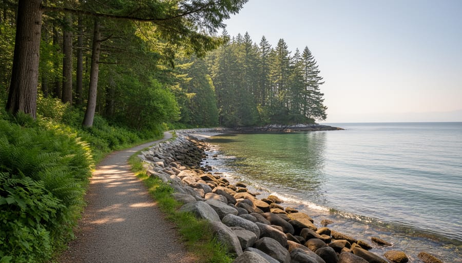 A trail through coastal forest near a calm bay cove on Cedar Spring with a kayak on rocky shore.