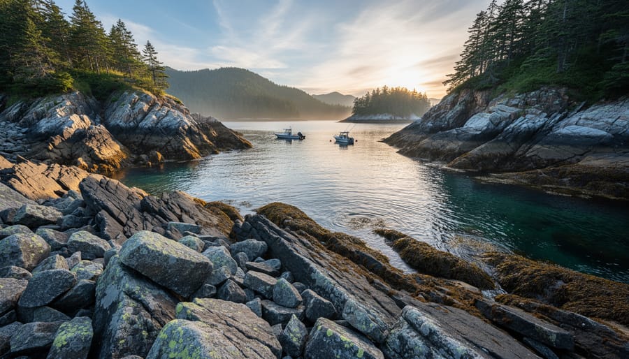 Rugged granite shoreline and water at Chimney Bay during golden hour with sunlight over Georgian Bay.