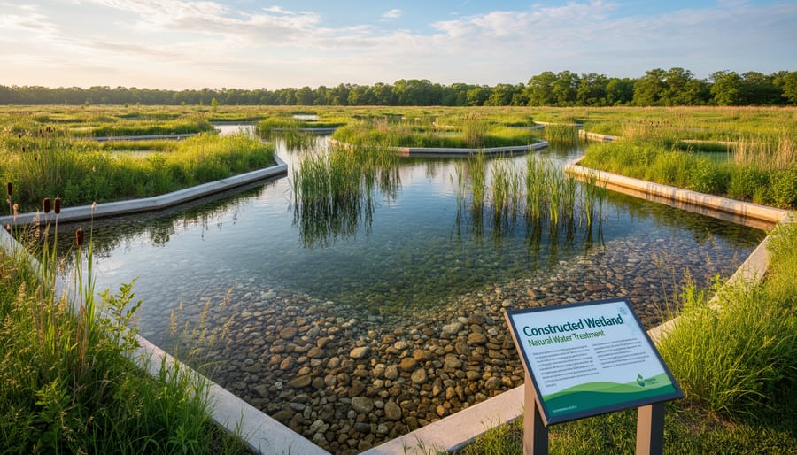 Shallow wetland water with reeds and aquatic plants reflecting the sky in an Ontario natural setting.