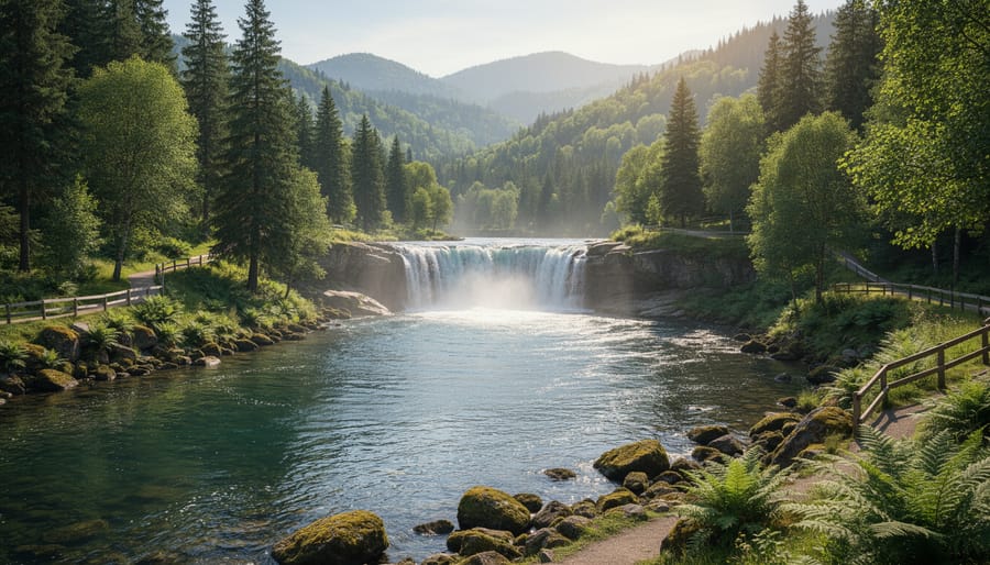 Cuyahoga River winding through a green valley with mist over the landscape and waterfalls in the distance