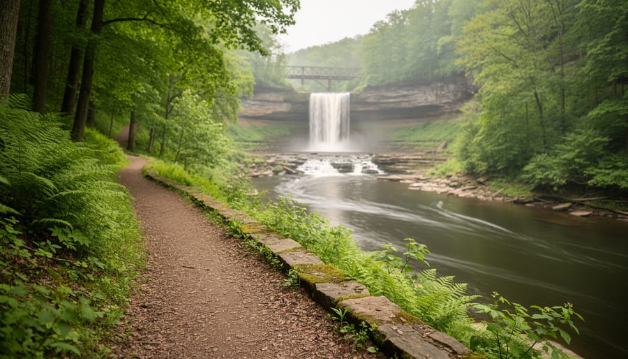 Misty waterfall and winding Cuyahoga River flowing through a lush green forest trail with a canal-towpath atmosphere in the distance.