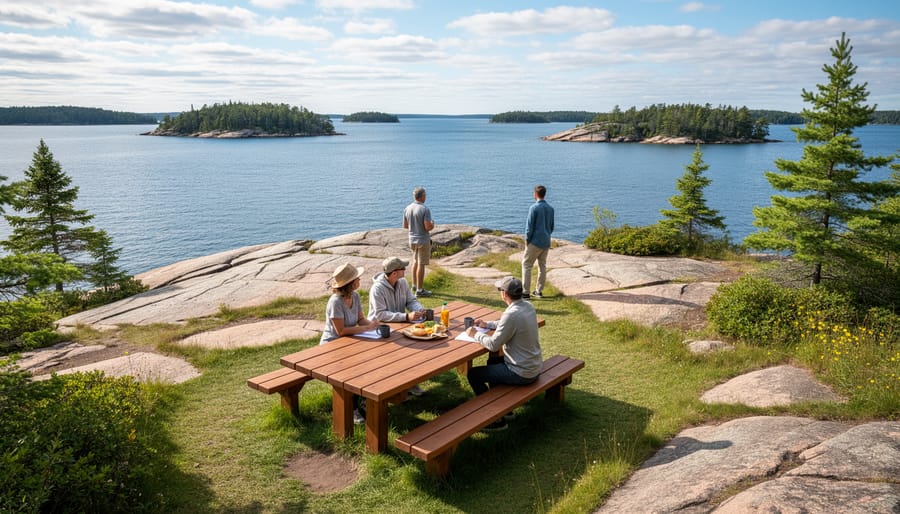 Picnic items on rocky shoreline at a Georgian Bay day-use island with a path to the water.