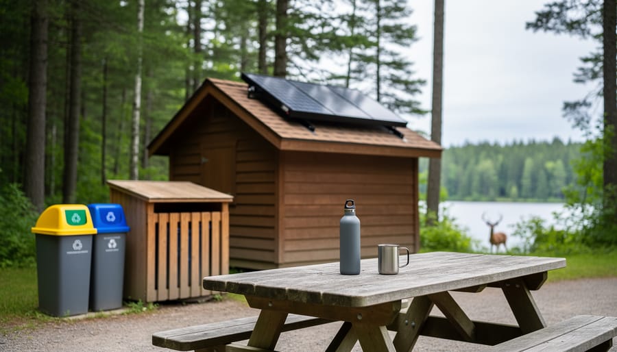 “Eco-conscious campground scene with a cabin solar panel, a reusable bottle on a picnic table, and low-waste waste-sorting setup near evergreen trees and a distant lake.”