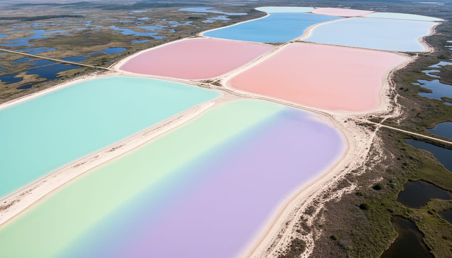 Aerial view of pastel pink and green rainbow lakes near Esperance