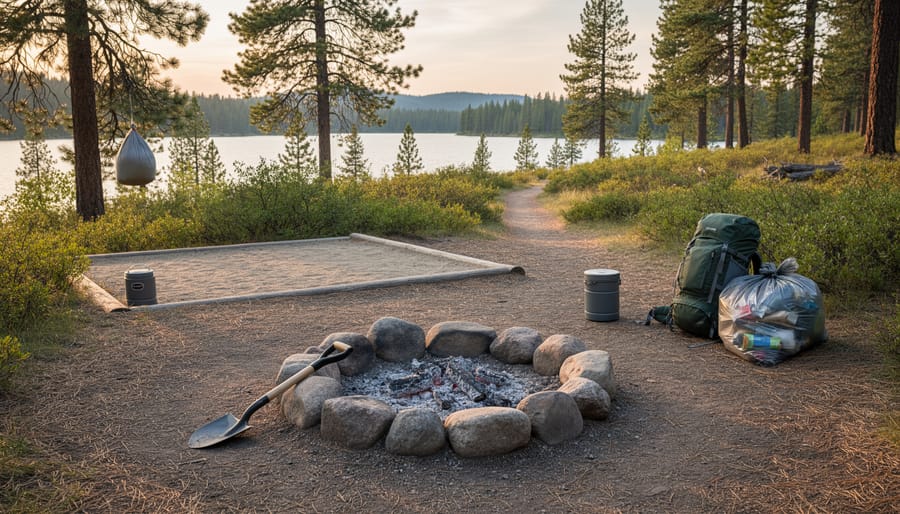 Neat campsite gear beside a fully extinguished campfire in a forest