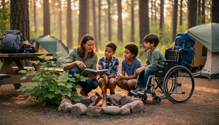 Family camping at a table while looking at plant-related information using a smartphone