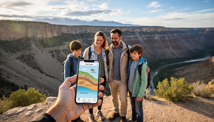 Family outdoors examining a smartphone near an interpretive kiosk with geology-related display elements.