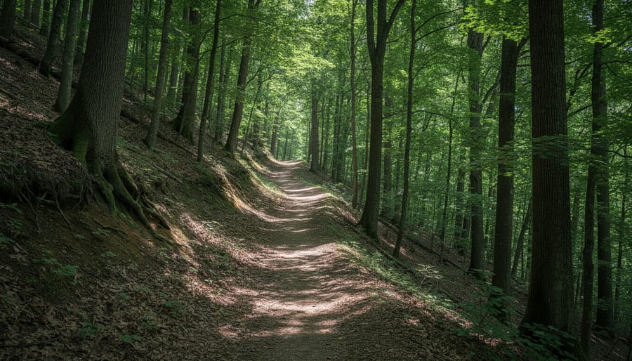 Hiker ascending a forest trail on the Fullerton Loop with roots and packed dirt under a leafy canopy