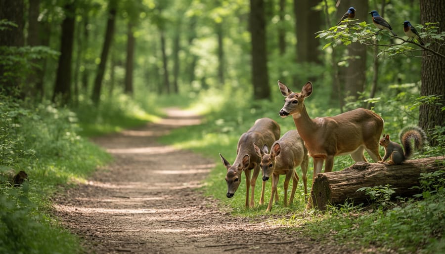 Fern-lined mid-loop trail with a distant deer partially visible through the trees