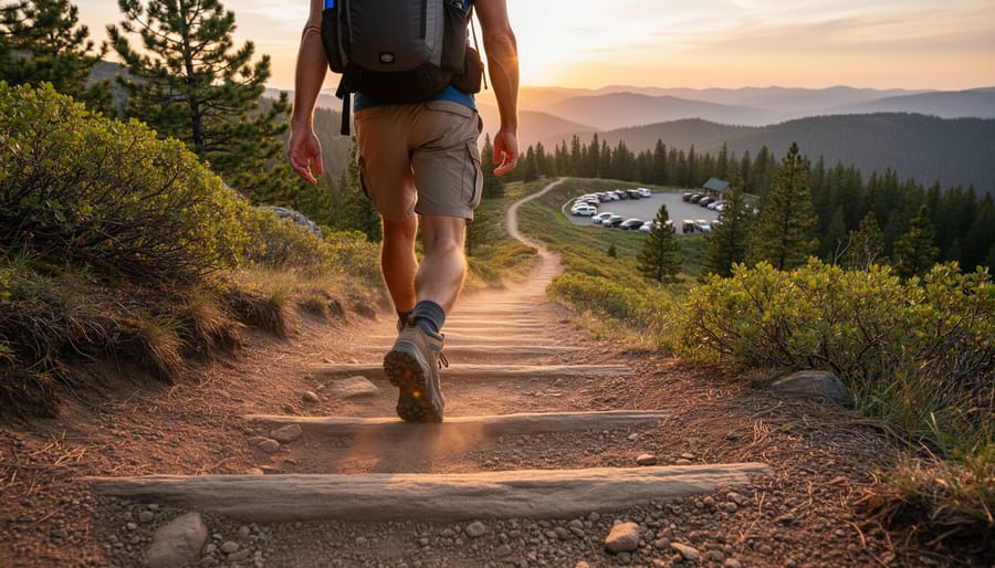 Hiker descending a winding dirt trail back toward the trailhead with leaf litter and rocks