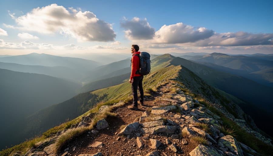 Hiker at a forest ridge lookout with distant treetops in warm golden hour light