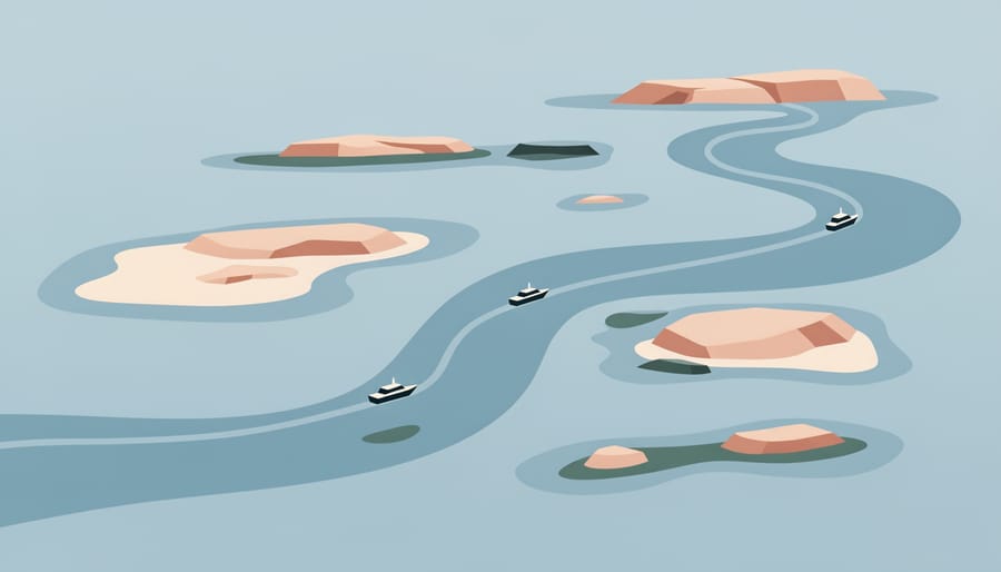 A boat traveling through Georgian Bay between forested islands and channels.