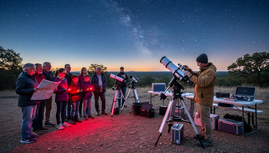 Astronomer using red light to guide visitors at a telescope in Gordon’s Park Dark Sky Preserve.