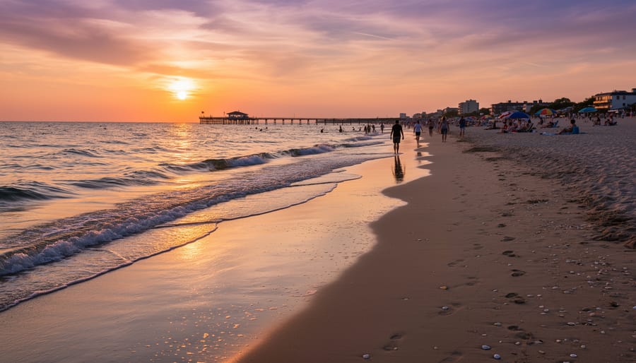 Grand Bend beach at golden hour with boardwalk leading to the water and sunset reflections