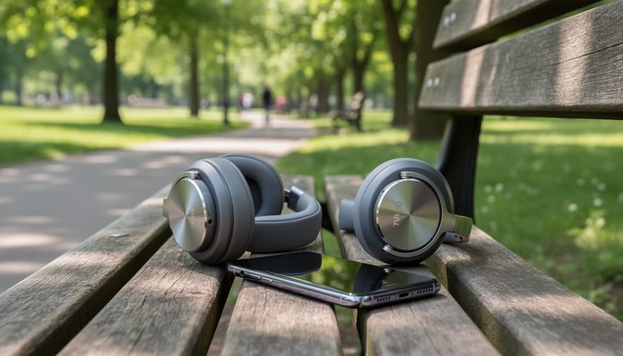 Over-ear headphones and a smartphone resting on a park bench near trees.