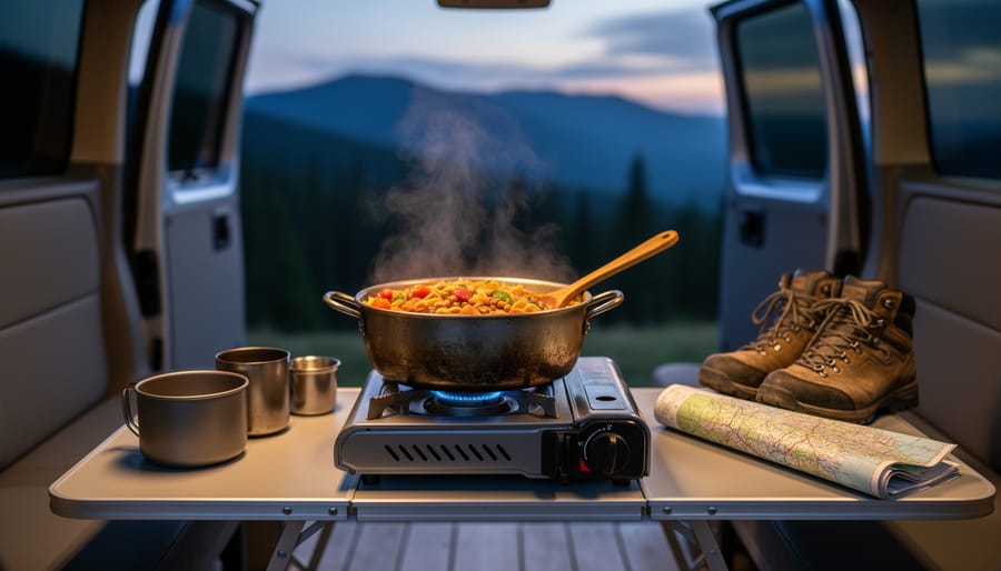 Steaming one-pot chili or pasta cooking in a pot on a portable stove at a van campsite during golden hour.