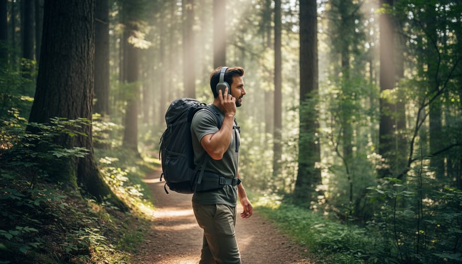 A hiker wearing over-ear headphones walks along a forest trail near a lake.