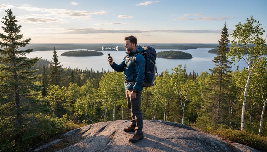Hiker standing on a remote forest trail in Ontario while holding a smartphone