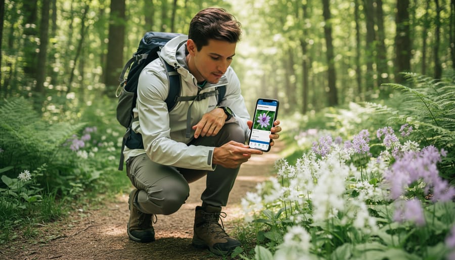 Hiker holding a smartphone over Ontario wildflowers in a forest trail setting
