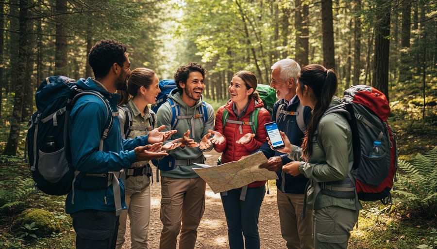 Hikers on an Ontario trail sharing a friendly moment and looking at a trail map