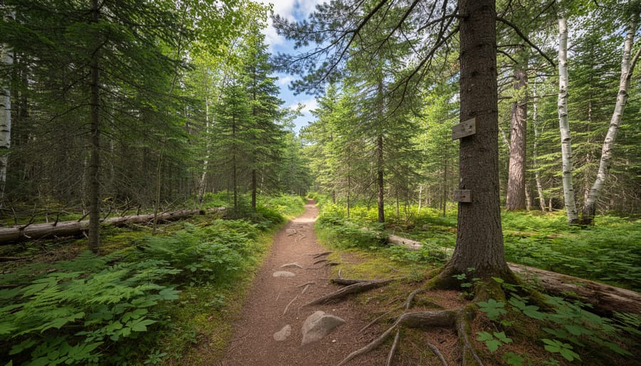 Backpackers walking along a forest trail on Kabeyun Trail in Sleeping Giant Provincial Park