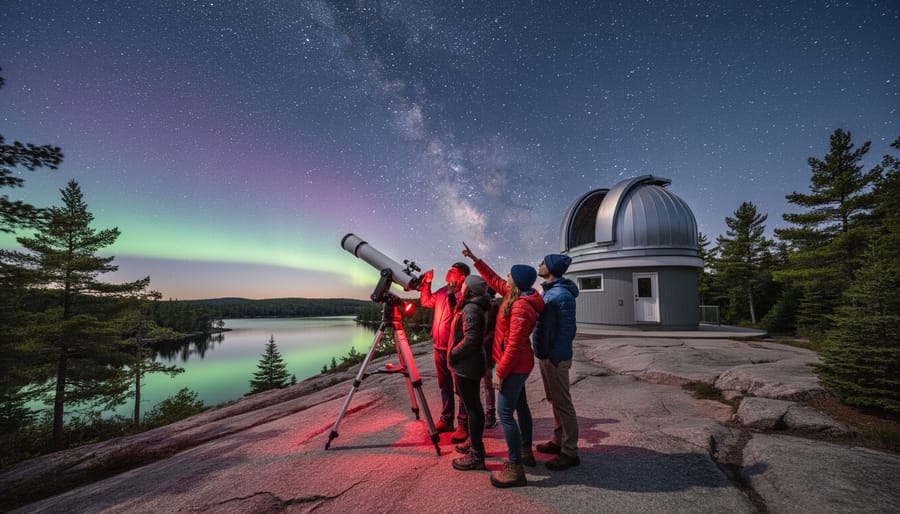 People viewing the night sky through a telescope at Killarney Provincial Park’s observatory area.