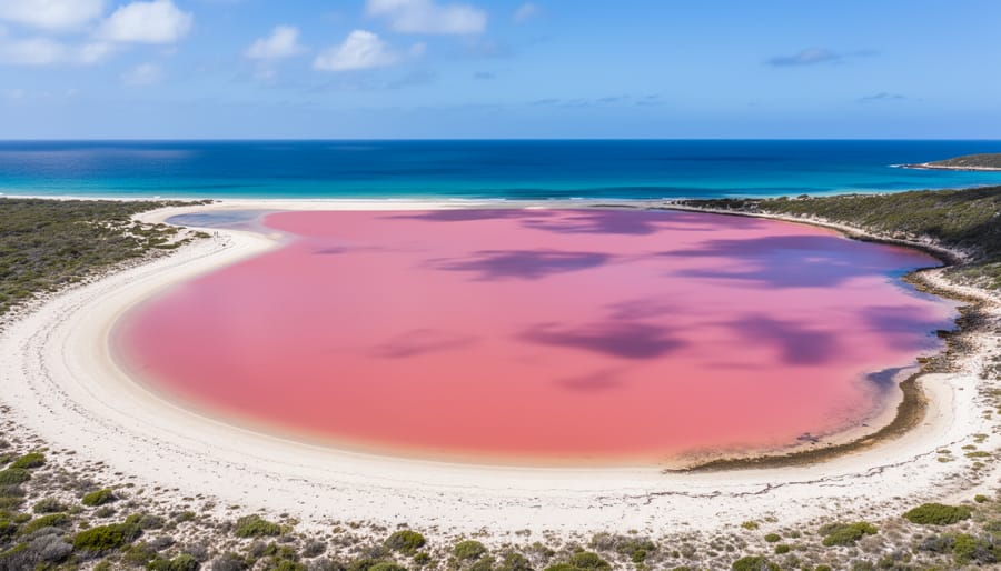 Wide view of Lake Hillier showing bubble-gum pink water with a sandy shoreline and blue sky in the background