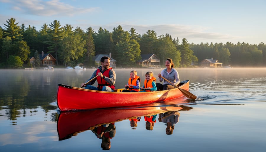 Family canoeing on a calm Muskoka lake with a tree-lined shoreline in the distance