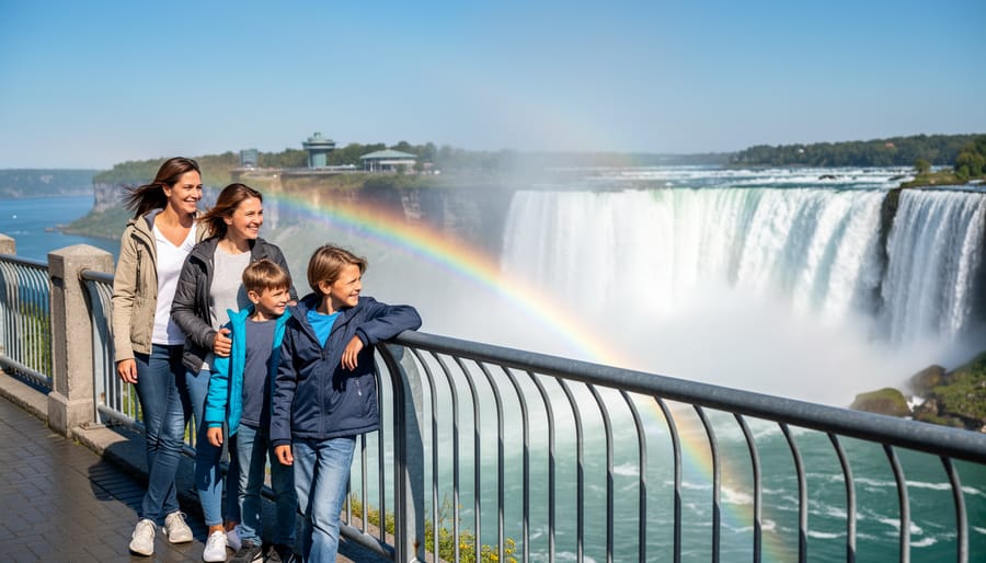 Family of four looking toward Niagara Falls with mist and rainbow in the background
