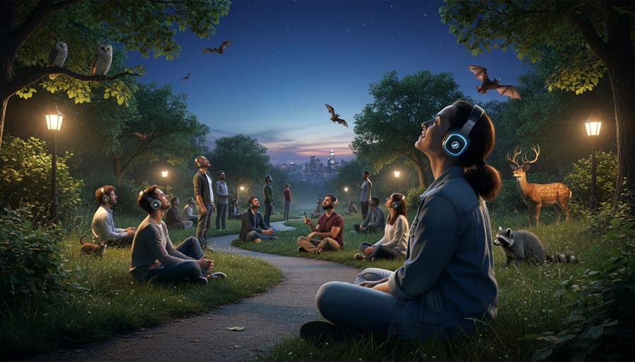 Visitors wearing headphones listen during a guided nighttime soundscape on a park boardwalk.