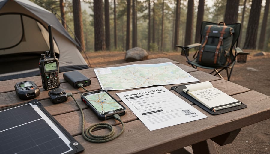 Hands placing a smartphone beside an offline trail guide and portable power bank at a campsite
