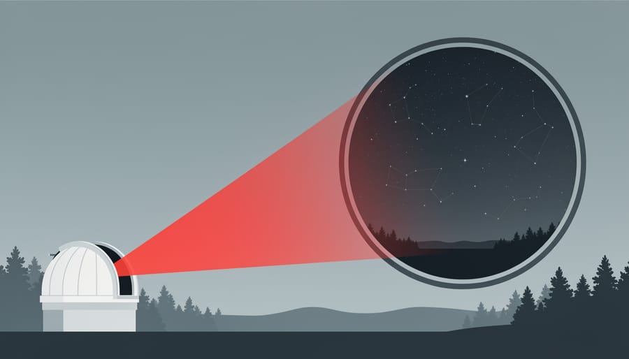 Close view of a red headlamp beam illuminating a starry sky through a telescope lens.
