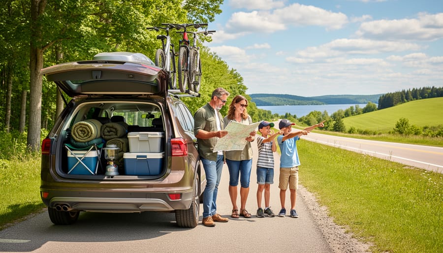Open car trunk packed with family camping and picnic supplies beside a scenic Ontario roadside