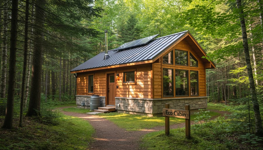 Rustic cabin in an Ontario forest with surrounding conifer trees in soft daylight