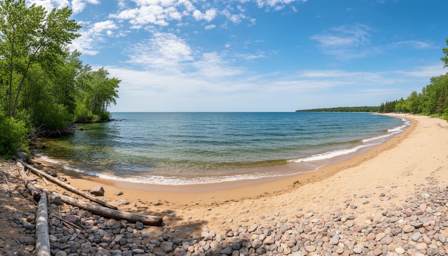 Panoramic view of wet sand and waves along an Ontario Great Lakes shoreline