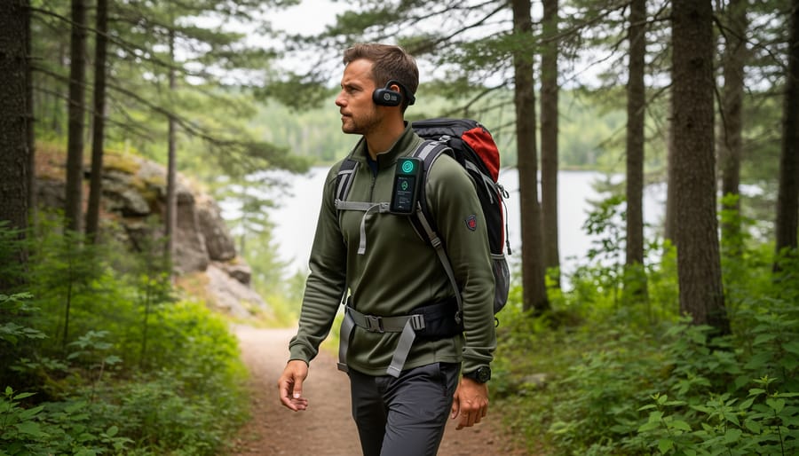 Hiker in Ontario backcountry using voice-controlled navigation hands-free while standing on a forest trail