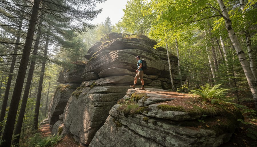 Hiker kneeling beside an exposed rock outcrop on an Ontario trail while holding a rock sample.