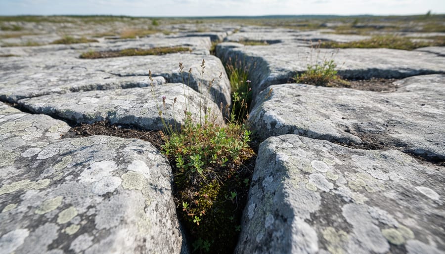 Ground-level view of Ontario limestone pavement with angular limestone fragments and narrow cracks between rocks