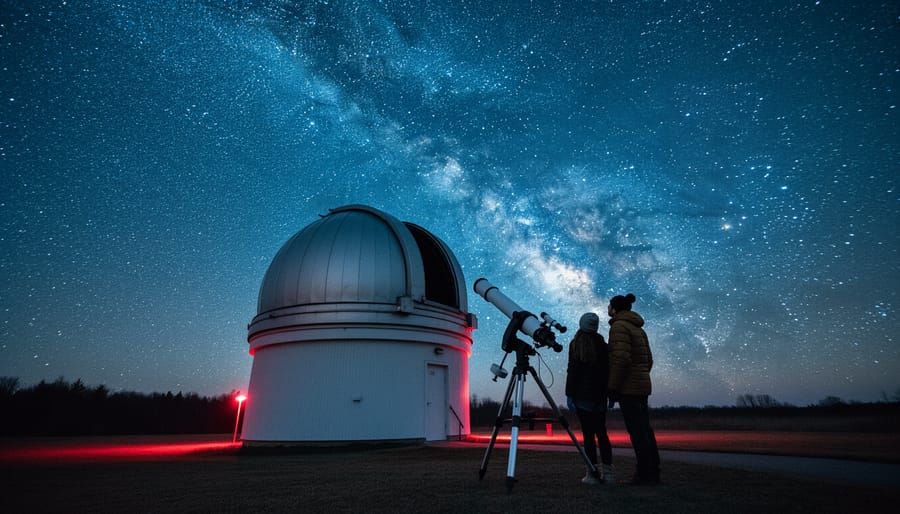 Warmly dressed visitors stand by a telescope next to an observatory dome under the bright Milky Way in a dark-sky Ontario park.