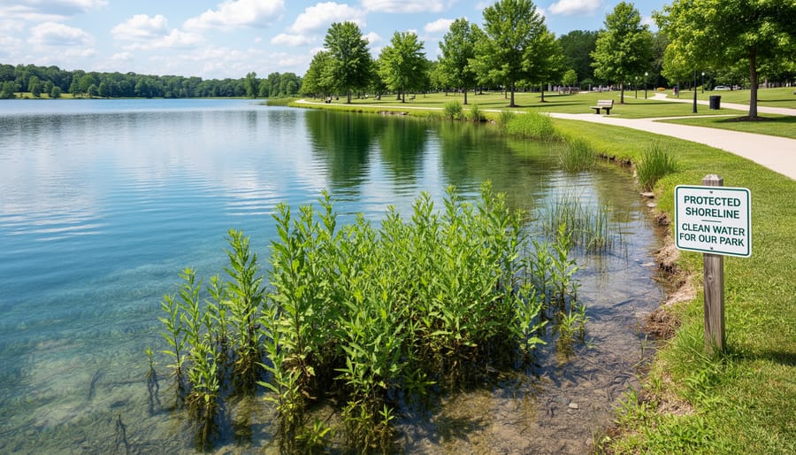A calm Ontario park shoreline with shoreline vegetation along the water and trees in the background.