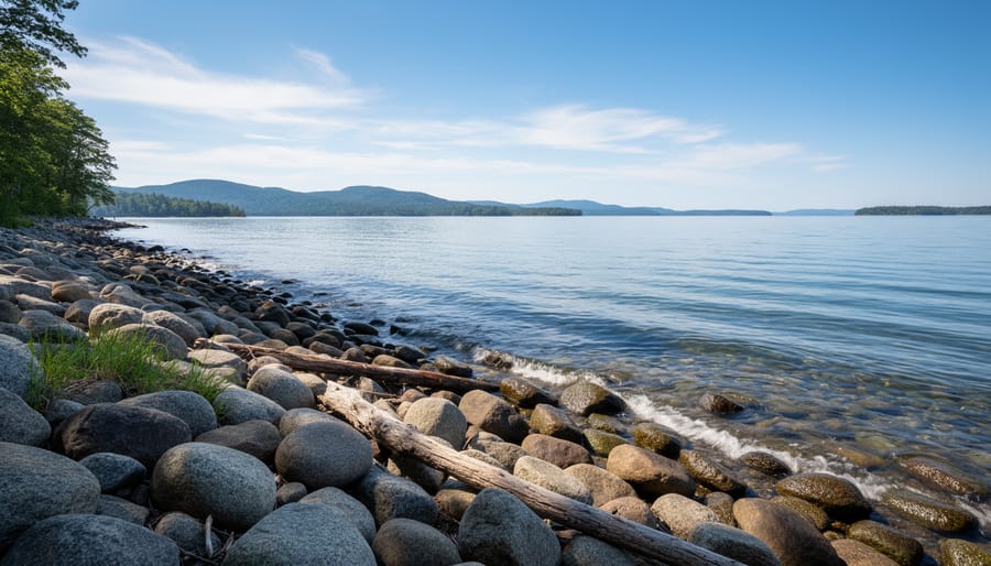 A person resting on rocky shoreline at Perry Bay with Lake Superior behind